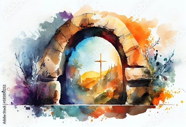 Fototapeta Watercolor Illustration of a Abstract Art. Colorful Painting Art Of The Empty Tomb Of Jesus. Easter Or Resurrection Concept. He Is Risen. Generative AI