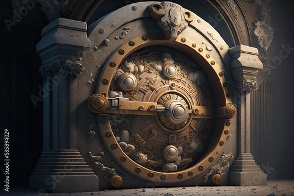 Obraz Decorated bank safe door. Bank vault for saving money and precious metals. Created with Generative AI