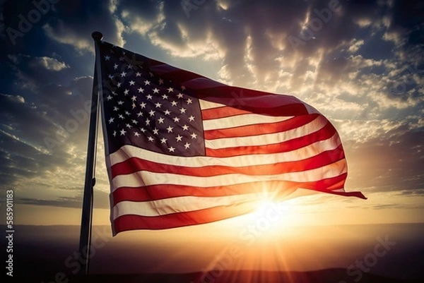Fototapeta American Flag waving in front of a beautiful sunset sky. 4th of July Memorial or Independence day background. Generative AI