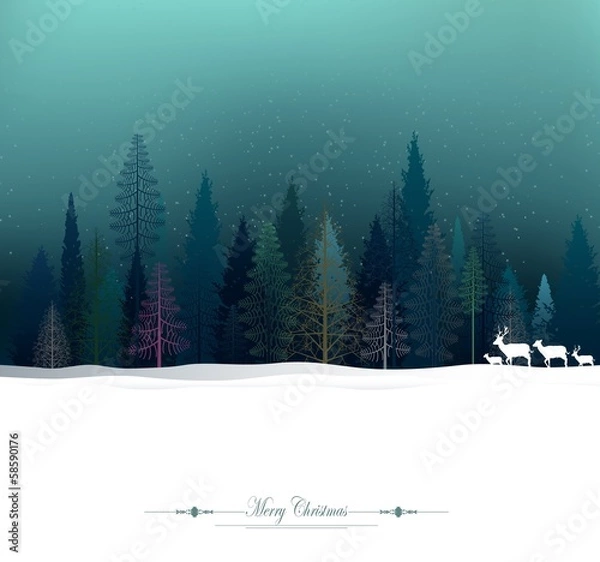 Fototapeta christmas background with deer and pine forest