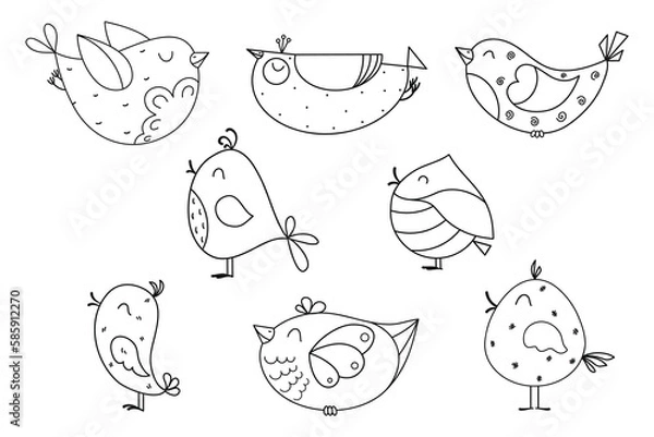 Obraz Set of cute hand drawn fantastic birds. Fun design. Vector line illustration. Collection of whimsical characters for packaging, print, card, fabric, label, wallpaper, textile, wrapping paper, gift.