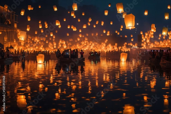 Fototapeta A Sea of Glowing Lanterns: A Stunning Reflection Over Water. Generative Ai