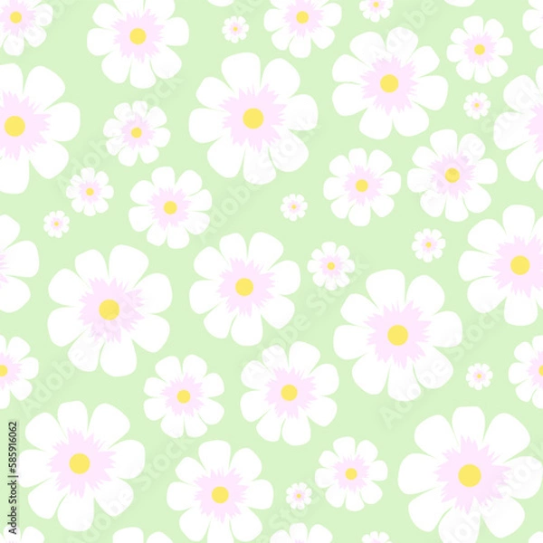 Fototapeta Seamless vector pattern with nice white flowers on a light green background	