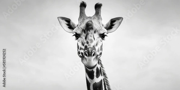 Obraz Black and white close up portrait of a giraffe, light background, white background, Generative AI