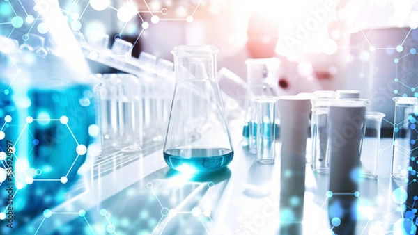 Fototapeta Lab Test Lab glassware in chemical medical laboratory background, science laboratory research and development concept. Generative AI