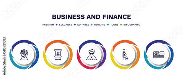 Fototapeta set of business and finance thin line icons. business and finance outline icons with infographic template. linear icons such as big ferris wheel, bank teller, man with moustach, sitting, broken