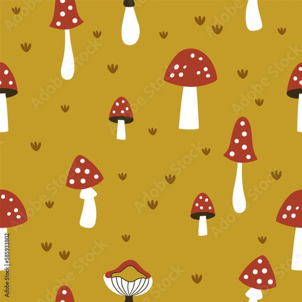 Fototapeta vector cute seamless repeat with red mushrooms