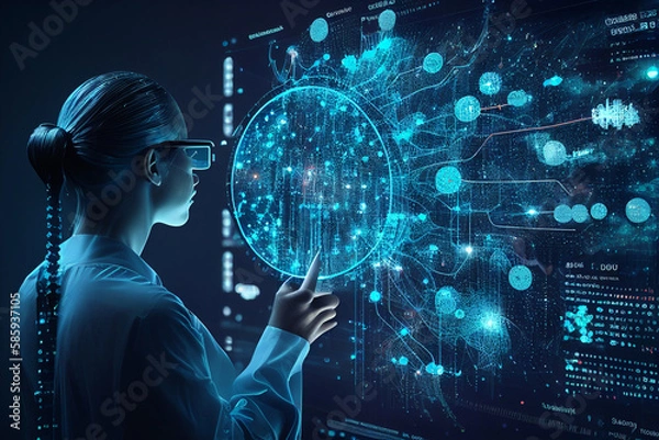 Fototapeta Rear view of businessman looking at virtual panel with graphs and diagrams generative ai