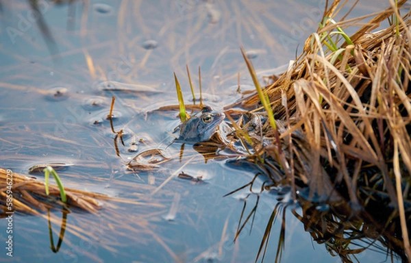 Fototapeta Rana arvalis - one blue frog peeks out of the water