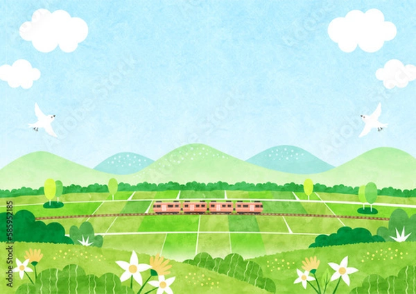 Obraz 田舎を走る電車と新緑の田園風景 自然あふれる水彩背景イラスト