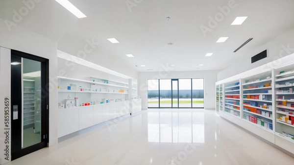 Fototapeta Modern interior of a large, spacious, empty bright pharmacy with sunlight through large panoramic windows. Generative AI.
