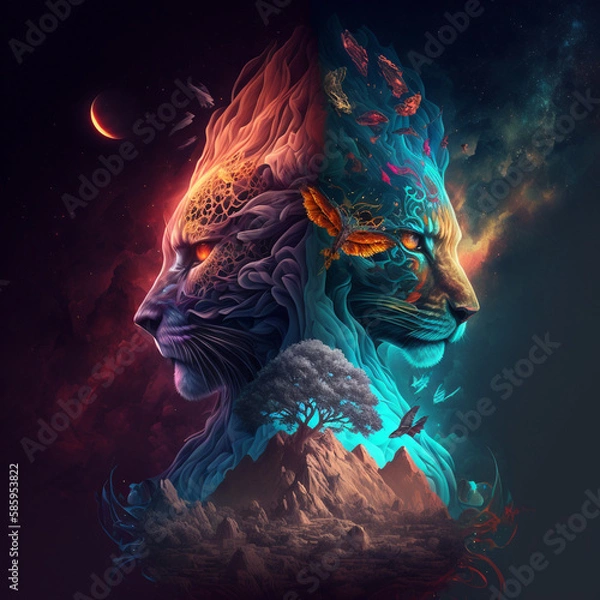 Obraz tiger in the dark, lion in the dark, yin yang tiger and lion
