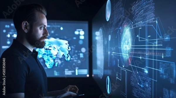 Fototapeta a man standing in front of a futuristic digital holographic screen, cyber security, threat investigation, digital forensic investigation, generative ai