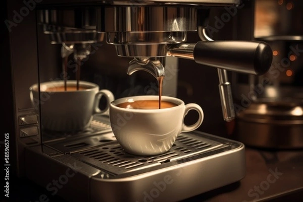 Fototapeta Coffee maker with cup of cappuccino, coffee machine, close-up view of coffee cup, Generative AI
