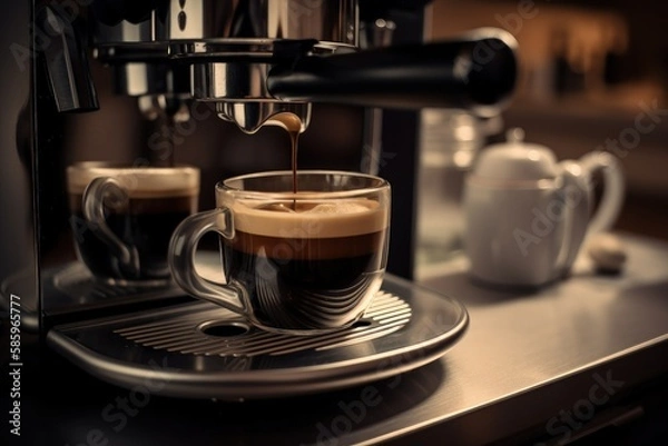 Fototapeta Coffee maker with cup of cappuccino, coffee machine, close-up view of coffee cup, Generative AI

