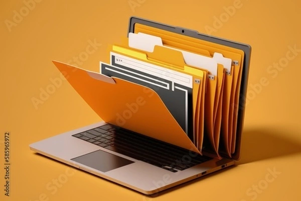 Fototapeta Laptop and file folder, yellow background, Generative AI