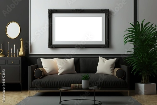 Obraz Mockup mit horizontalen Bilderrahmen im Wohnzimmer als Hintergrund. Ideal als Präsentation für Produkte wie Poster, Gemälde, Leinwände oder Wandbilder. Leerer Rahmen für Fotos. Generativ KI