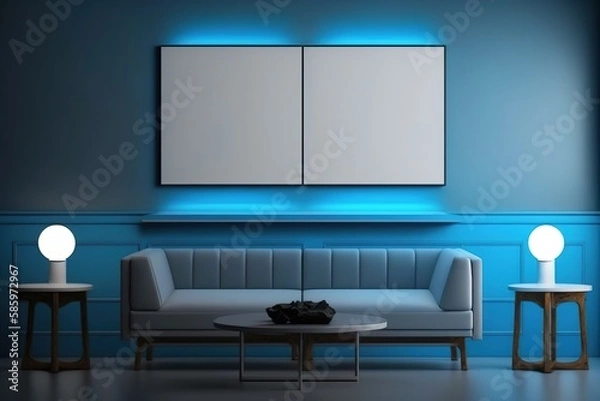 Fototapeta Mockup von einem symmetrischen Raum mit zwei quadratischen Bildern oder einem horizontalen Poster. Wandbild Mock up mit blauer LED Beleuchtung im Wohnzimmer mit Couch. Generativ KI  