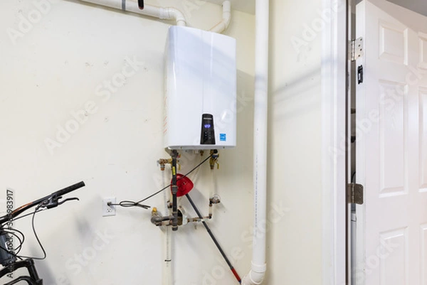 Fototapeta tankless water heater in attached garage