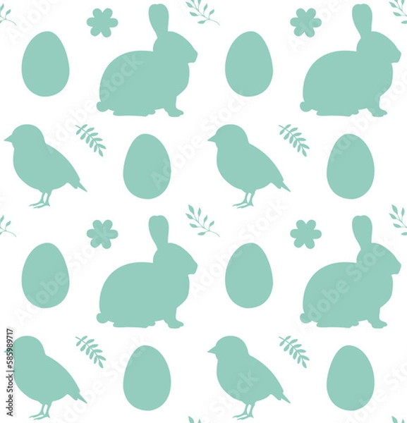 Fototapeta Vector seamless pattern of Easter rabbit chick and eggs silhouette isolated on white background