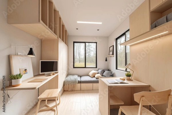 Fototapeta Tiny house or studio flat, simple, minimal wooden decor muji style in warm colors, AI generative