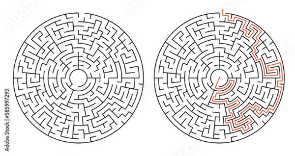 Fototapeta Circular Maze. Puzzle Game labyrinth. with the path marked by the red line. Vector illustration.