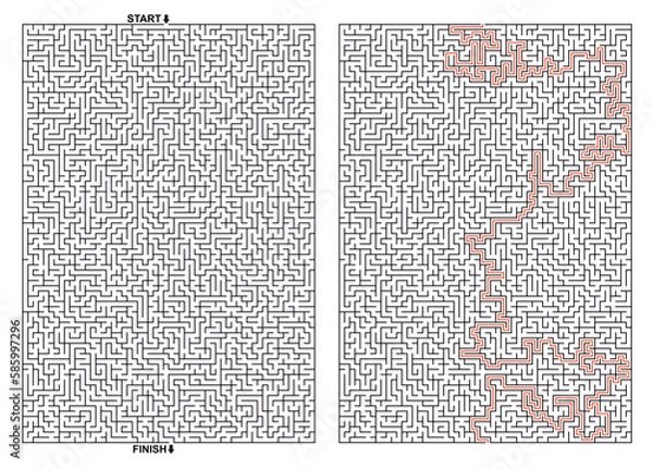 Fototapeta Vector rectangular Maze - Labyrinth with Included Solution in Black  Red.  Labyrinth of high complexity
