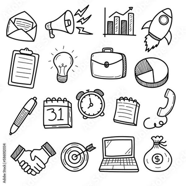 Fototapeta Set of business doodle vector illustrations isolated on white background
