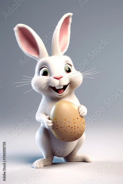 Obraz white rabbit, smiling, holding easter egg, character