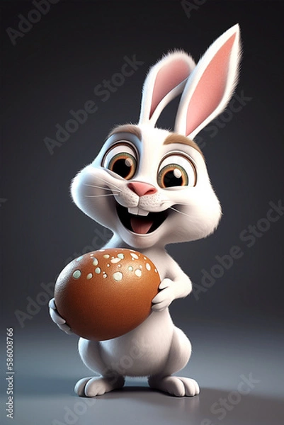 Obraz white rabbit, smiling, holding easter egg, character