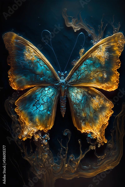 Fototapeta Butterfly made of Bioluminescent seaglass golden wings Generative AI