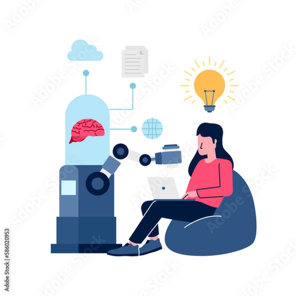Fototapeta woman sit from bean bag working with robotic artificial intelligence help to get idea inspiration creativity flat illustration