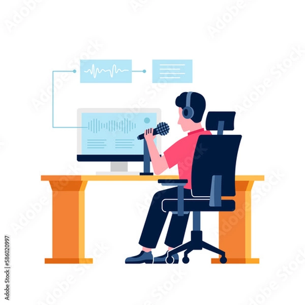 Fototapeta man sit working on desk for speech audio recognition translation to text artificial technology flat illustration