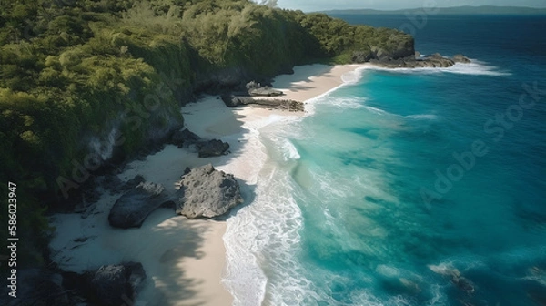 Fototapeta Drone view of Aerial view of the sea, A located slide of reef, surf, sea, shore, bay, river, and cliff. approach, Iguazu, crocodile, pipeline, and lagoon. generative ai