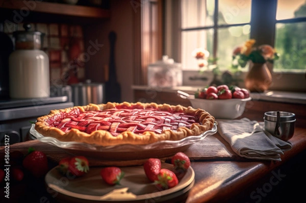 Fototapeta baked homemade strawberry pie, on rustic wooden table, kitchen background. AI generated. selective focus