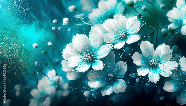 Fototapeta turquoise white soft spring flowers sparkles Generative AI