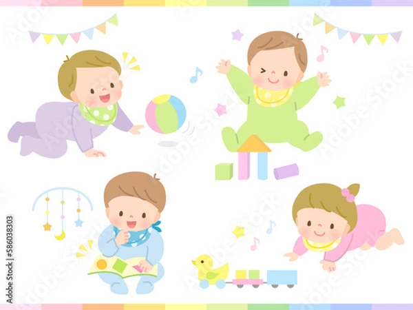 Fototapeta 元気に遊ぶ赤ちゃんのイラストセット素材