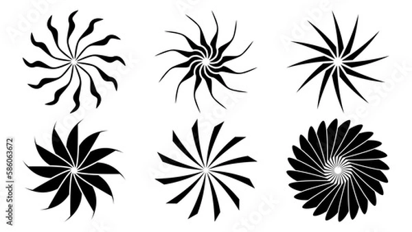Fototapeta Set of sun or flower shape silhouette isolated on white. Circular shape with petals. Clipart.