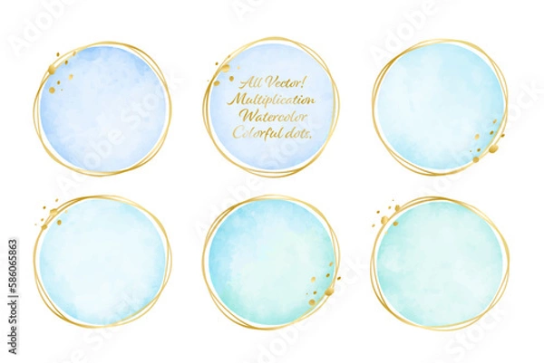 Obraz 水彩風　寒色系のドット円形メタル調のフレーム素材ベクターイラストセット