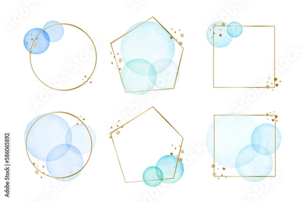 Obraz 水彩風　寒色系のドットとメタル調のフレーム素材ベクターイラストセット