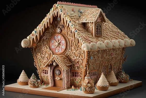 Fototapeta A decorative gingerbread house with intricate icing and candy details. Generative AI