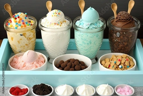 Fototapeta A DIY ice cream sundae bar, with a variety of toppings and flavors to choose from. Generative AI