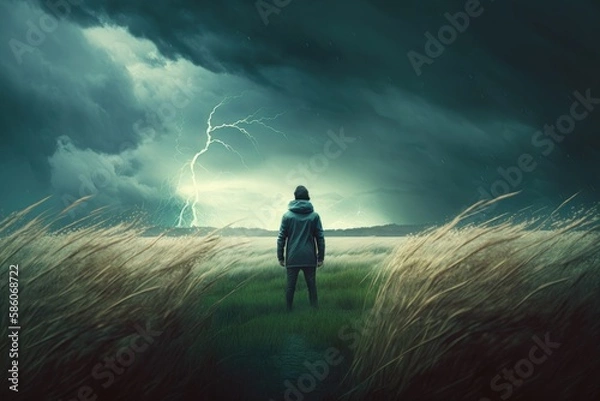 Fototapeta A person standing in a field of tall grass, watching a storm approach. Generative AI