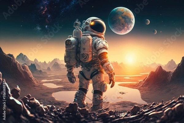 Fototapeta A robot astronaut exploring a new planet in outer space. Generative AI