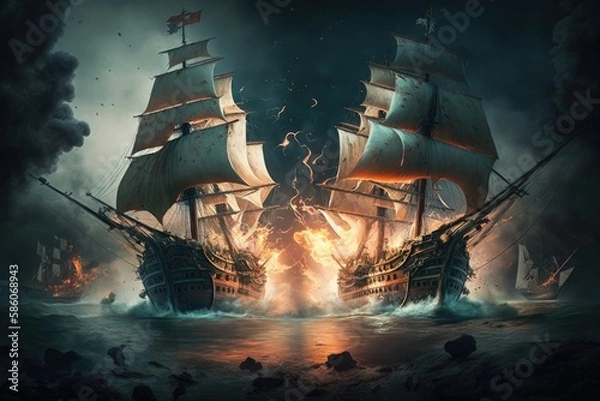Fototapeta A sea battle between two pirate ships, with cannons firing and swords clashing. Generative AI