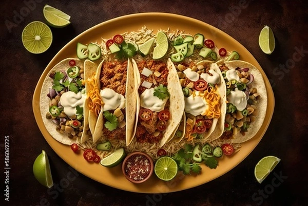 Fototapeta A top-down view of a plate of tacos with a mix of fillings. Generative AI