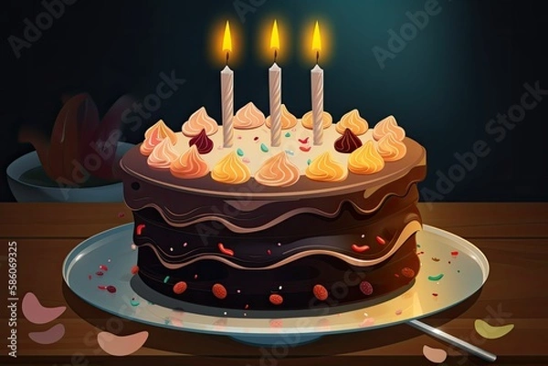 Fototapeta Birthday cake with chocolate frosting and three candles. Generative AI