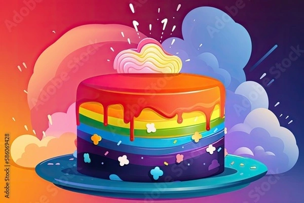 Fototapeta A vector birthday cake with a rainbow frosting design. Generative AI
