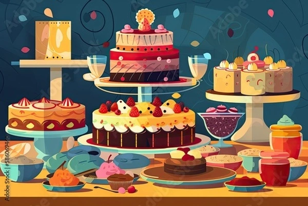 Fototapeta Party table with a birthday cake, cupcakes, and other sweets. Generative AI