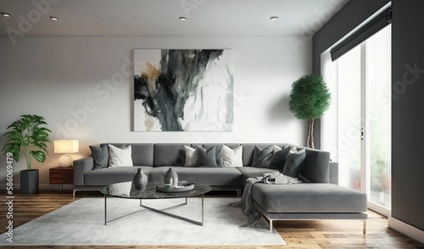 Fototapeta  a living room with a couch, coffee table and a painting on the wall.  generative ai